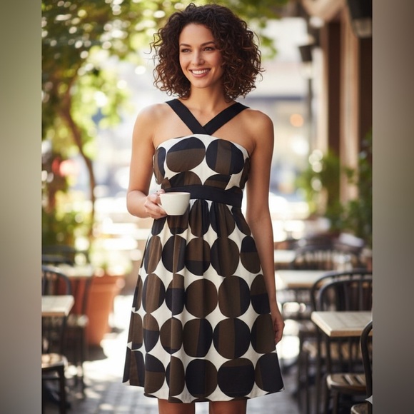 Banana Republic Halter Cocktail Dress Women’s 4 Black White Brown Geometric Prin - Picture 1 of 10
